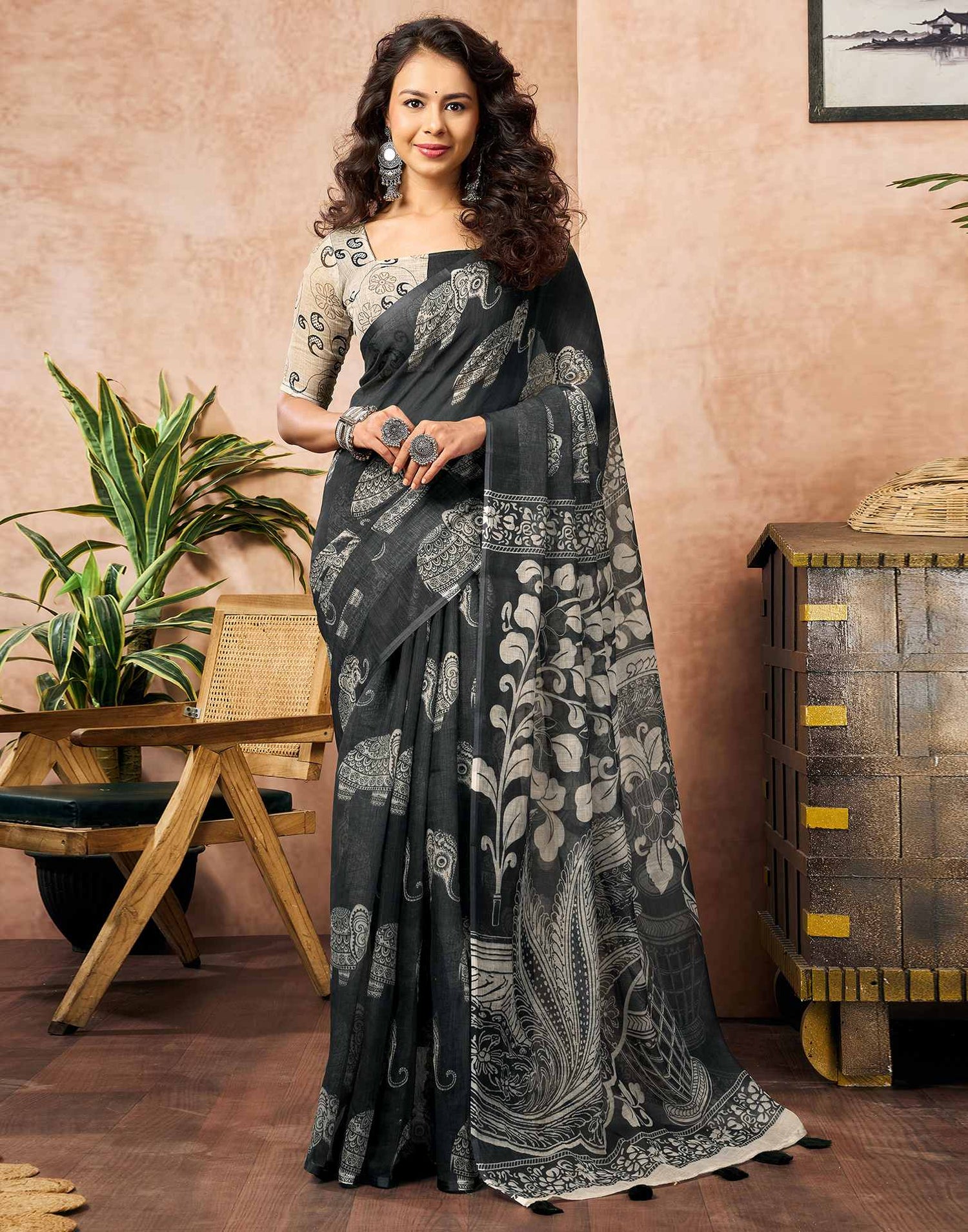 Black Linen Printed Saree