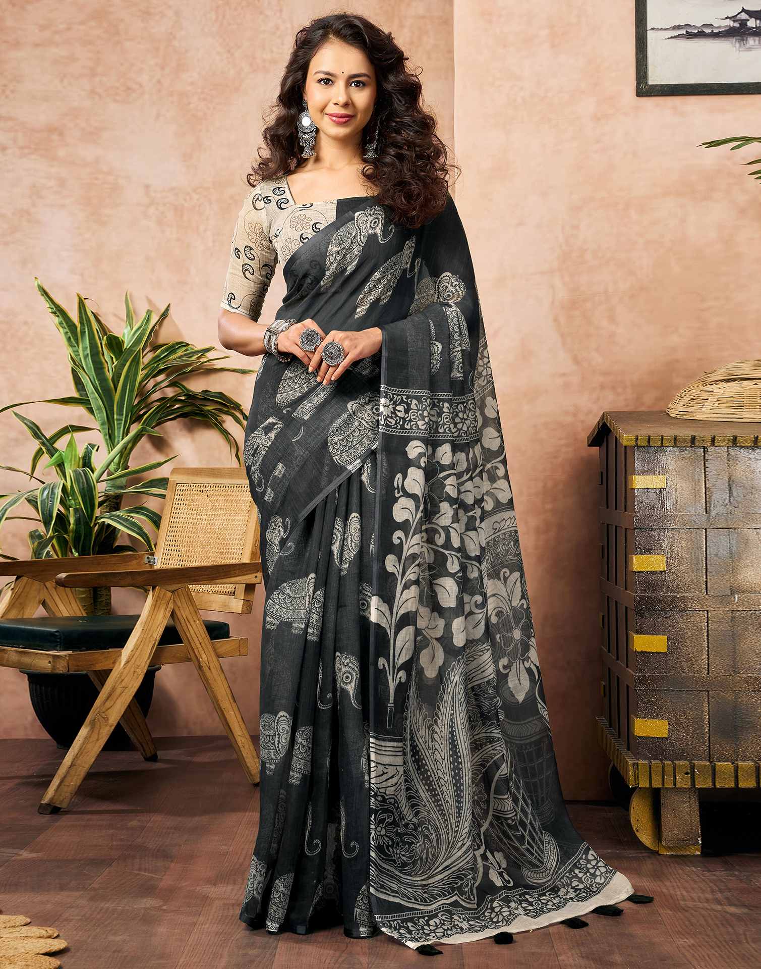 Black Linen Printed Saree