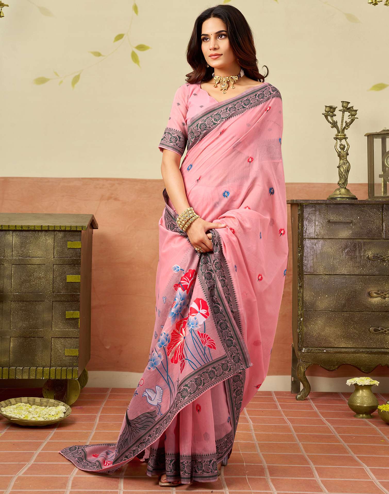 Light Peach Chanderi Woven Saree
