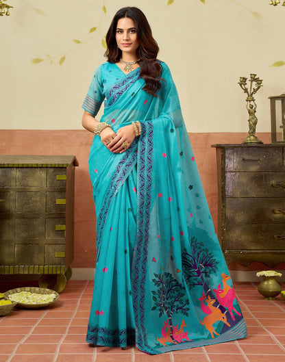 Turquoise Blue Chanderi Woven Saree