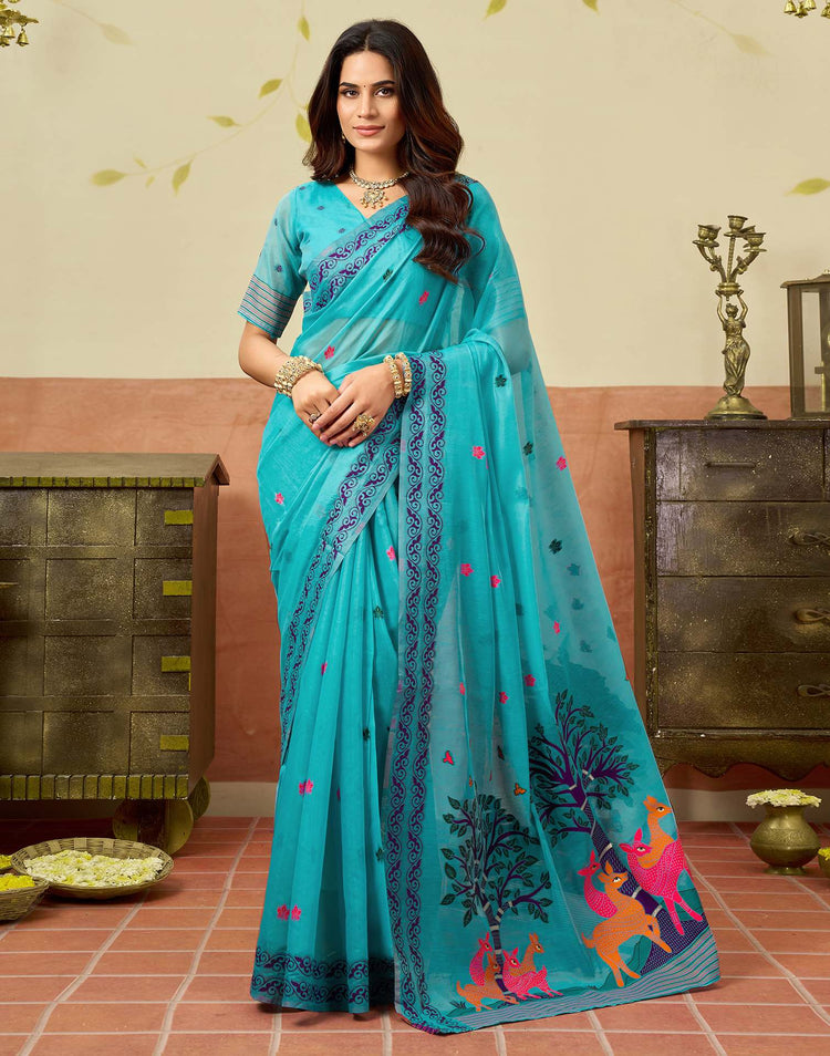 Turquoise Blue Chanderi Woven Saree