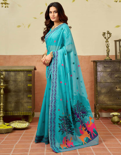 Turquoise Blue Chanderi Woven Saree