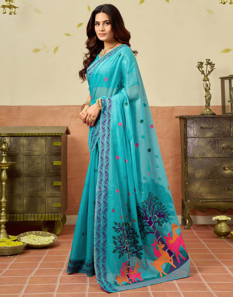 Turquoise Blue Chanderi Woven Saree