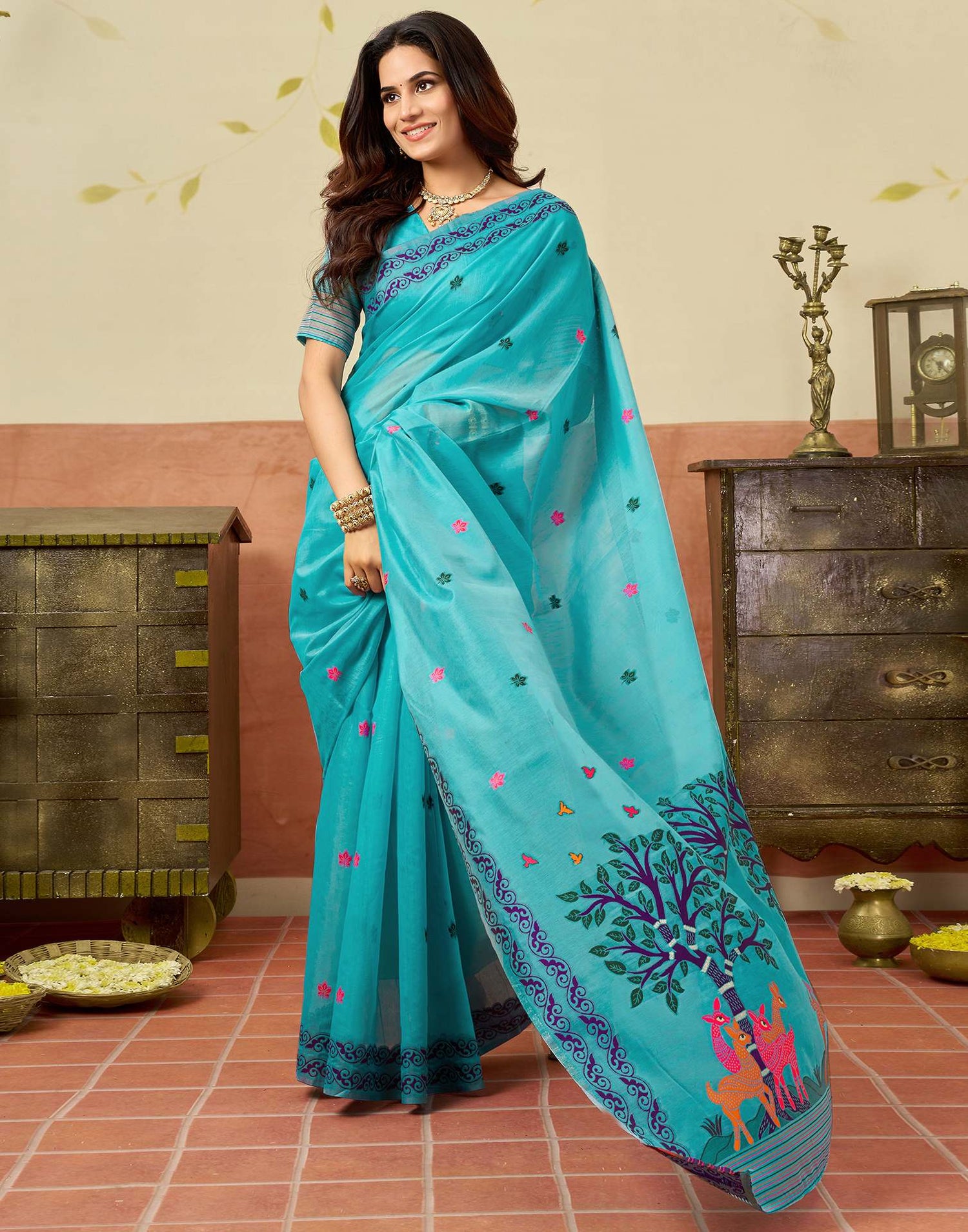Turquoise Blue Chanderi Woven Saree