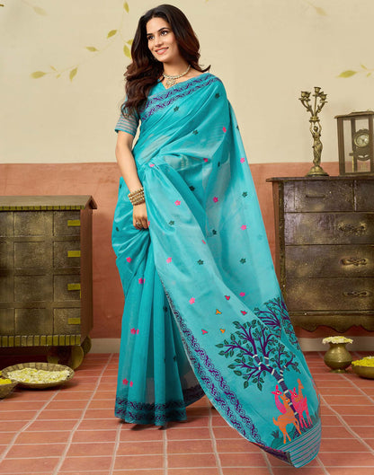 Turquoise Blue Chanderi Woven Saree