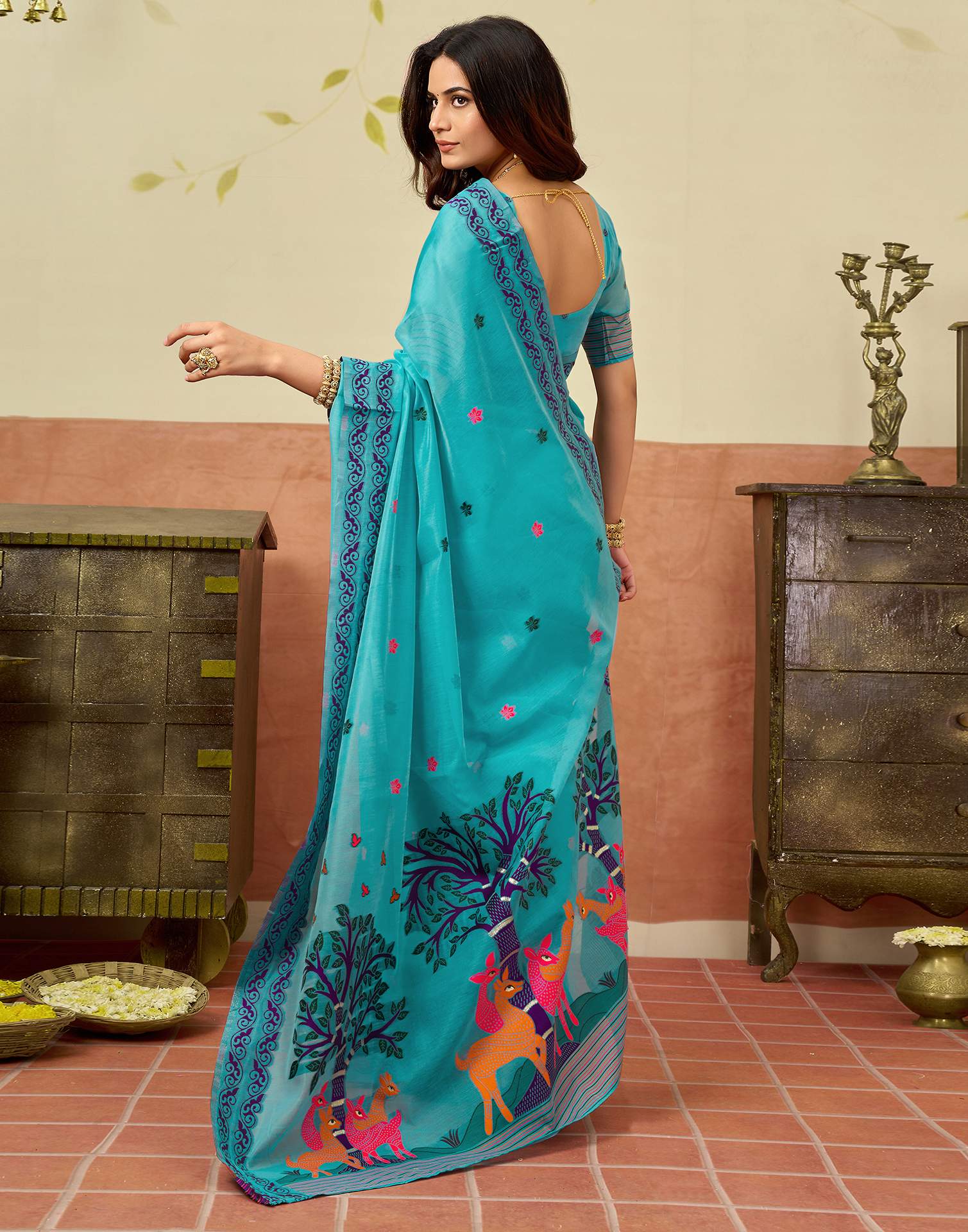Turquoise Blue Chanderi Woven Saree