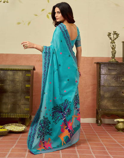 Turquoise Blue Chanderi Woven Saree