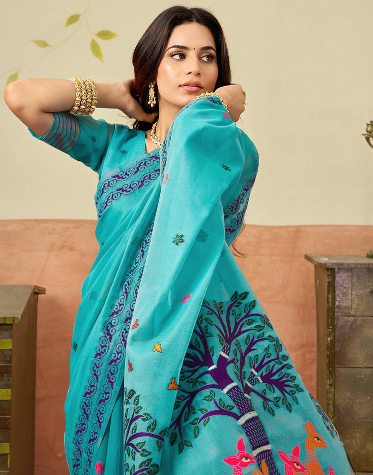 Turquoise Blue Chanderi Woven Saree