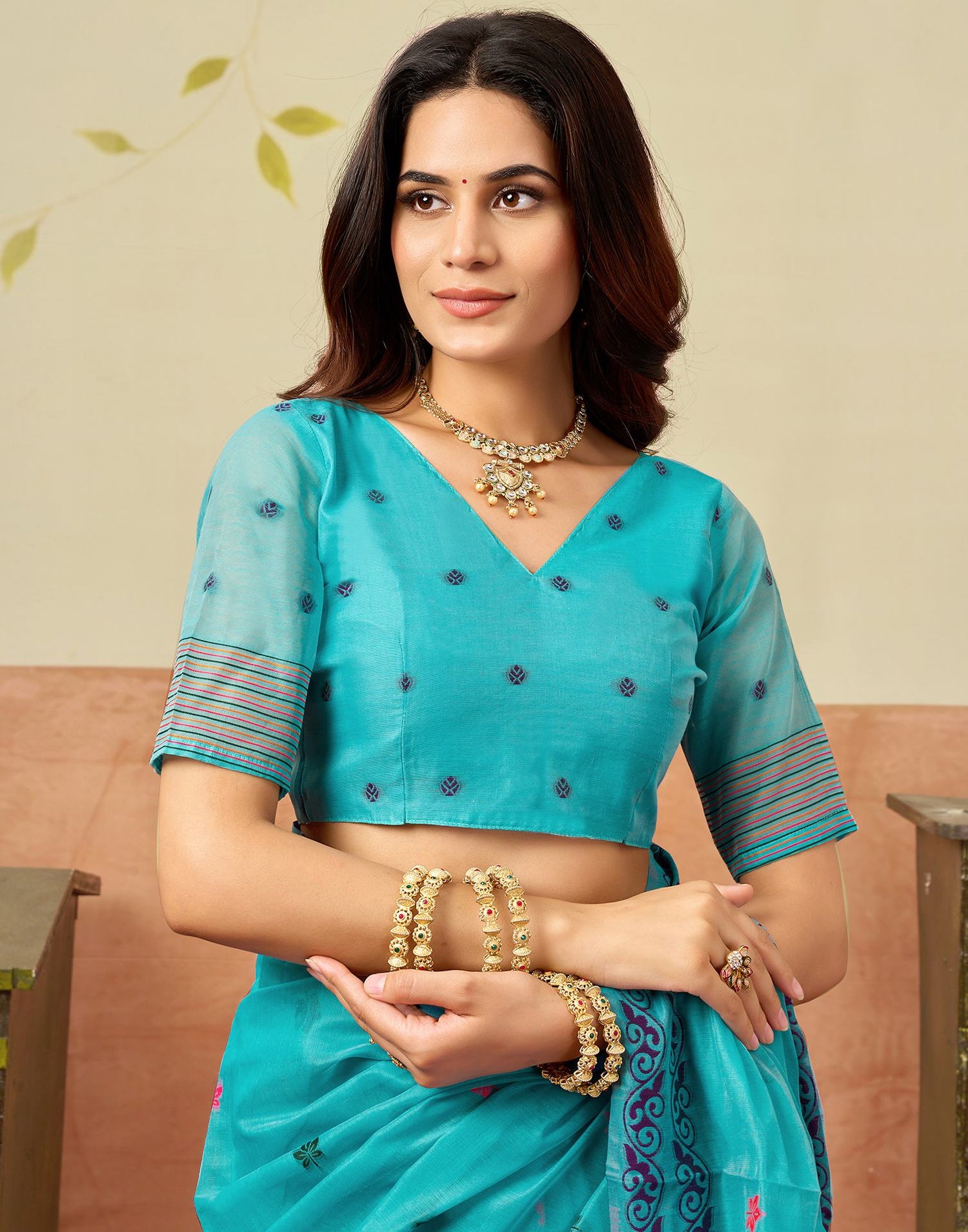 Turquoise Blue Chanderi Woven Saree