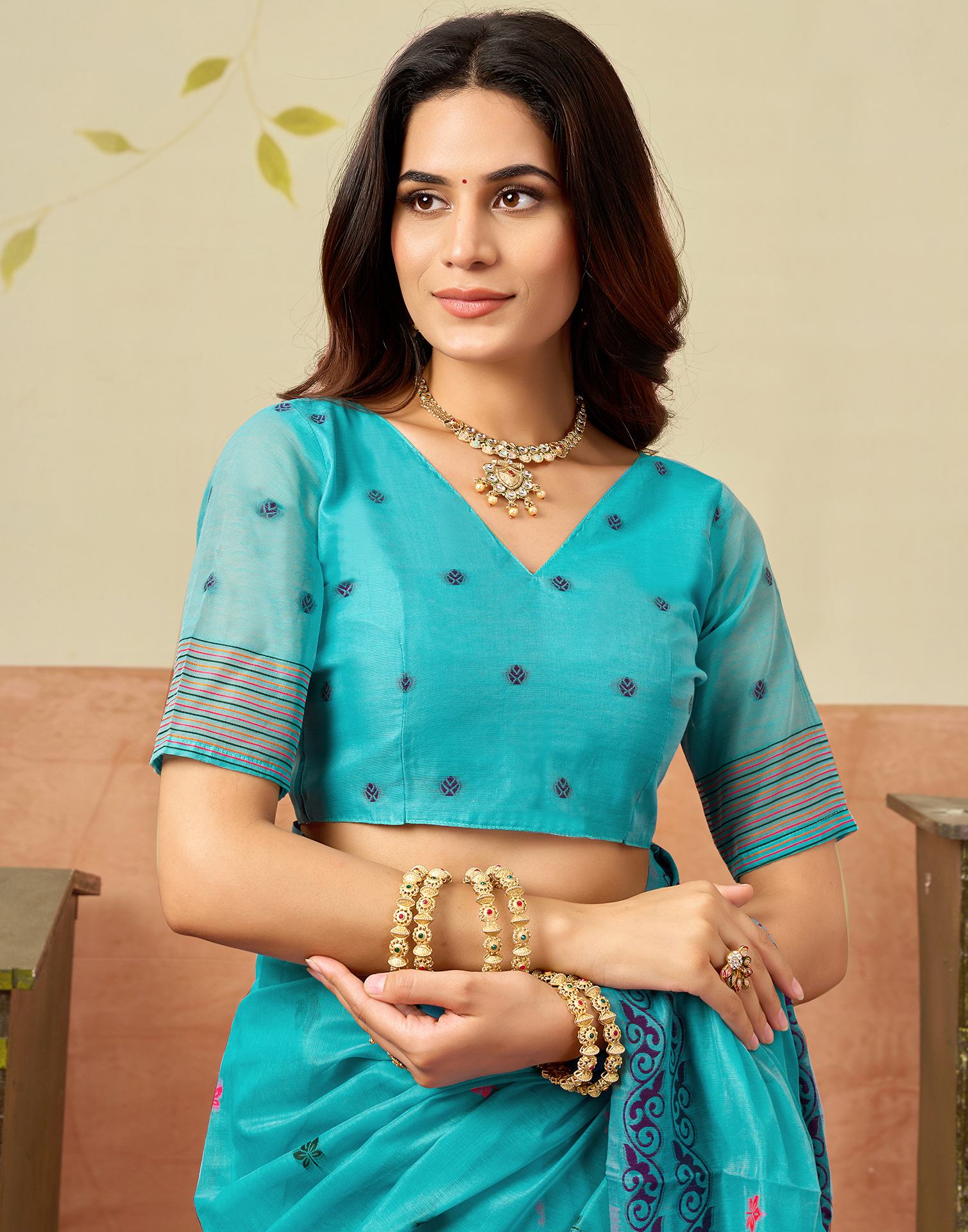 Turquoise Blue Chanderi Woven Saree