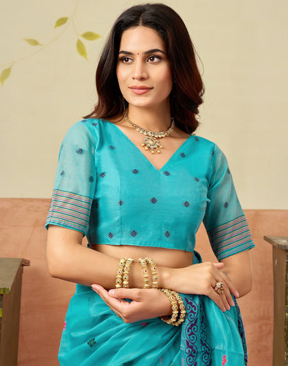 Turquoise Blue Chanderi Woven Saree