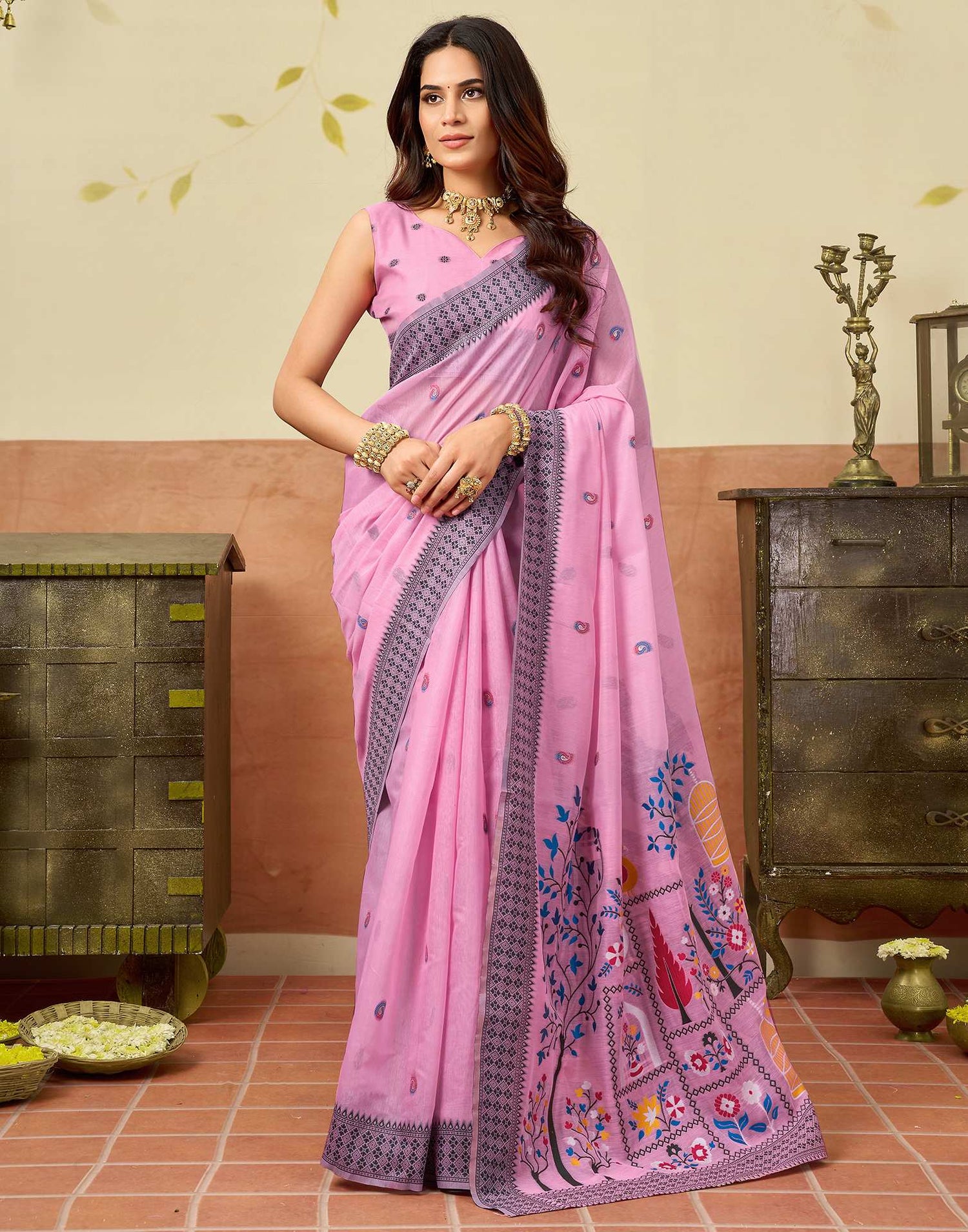 Light Pink Chanderi Woven Saree