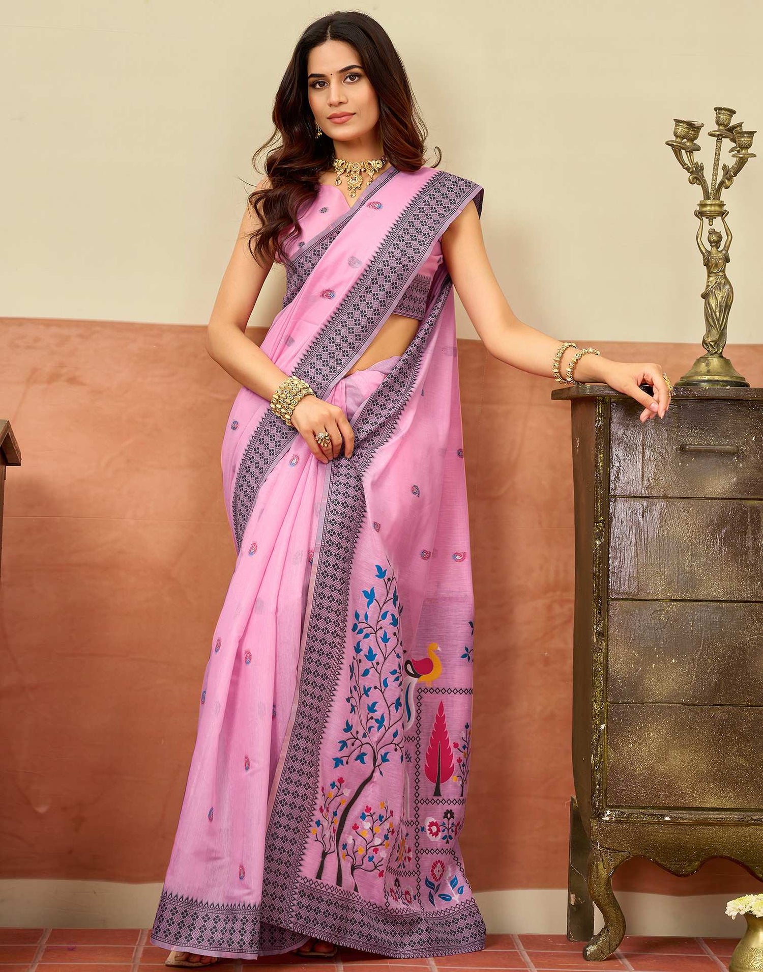 Light Pink Chanderi Woven Saree