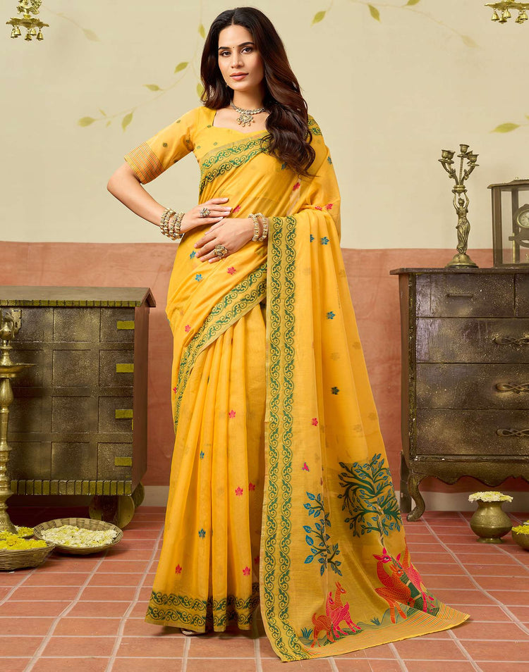 Yellow Chanderi Woven Saree