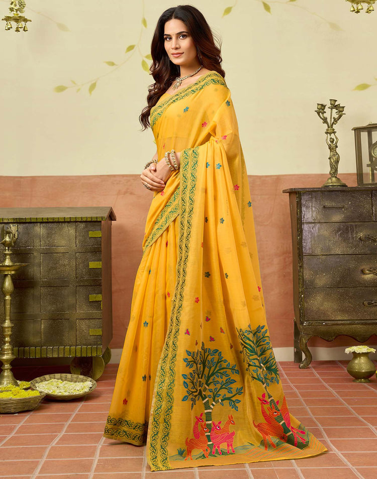 Yellow Chanderi Woven Saree