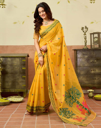 Yellow Chanderi Woven Saree