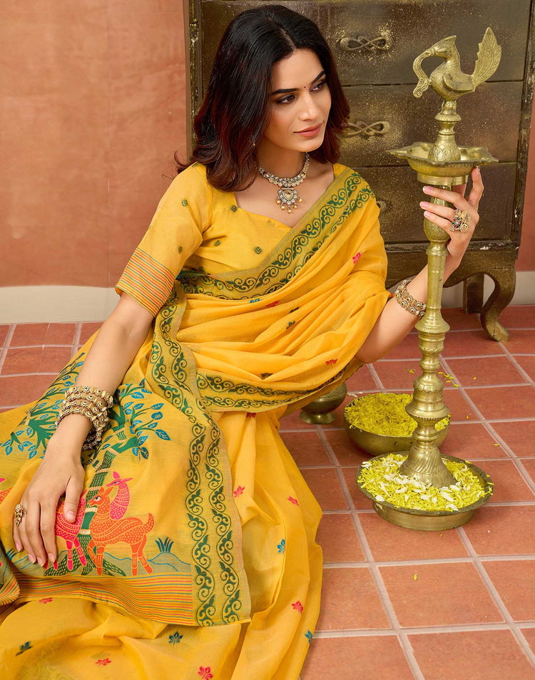 Yellow Chanderi Woven Saree