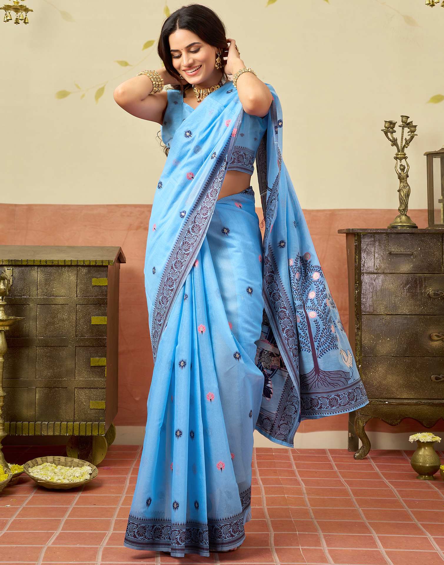 Sky Blue Chanderi Woven Saree