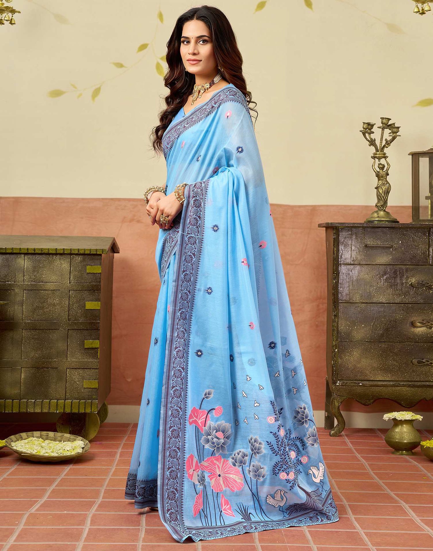 Sky Blue Chanderi Woven Saree