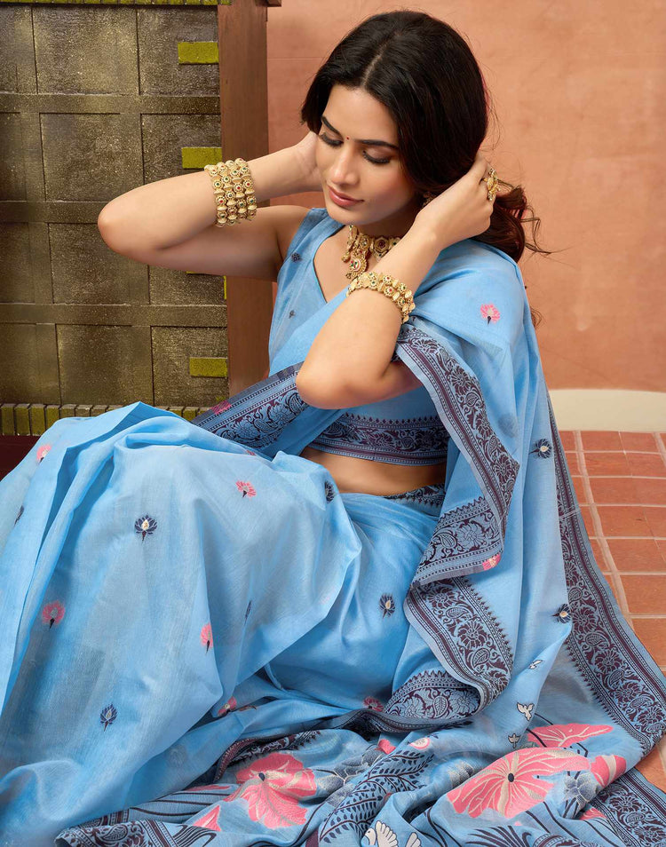 Sky Blue Chanderi Woven Saree