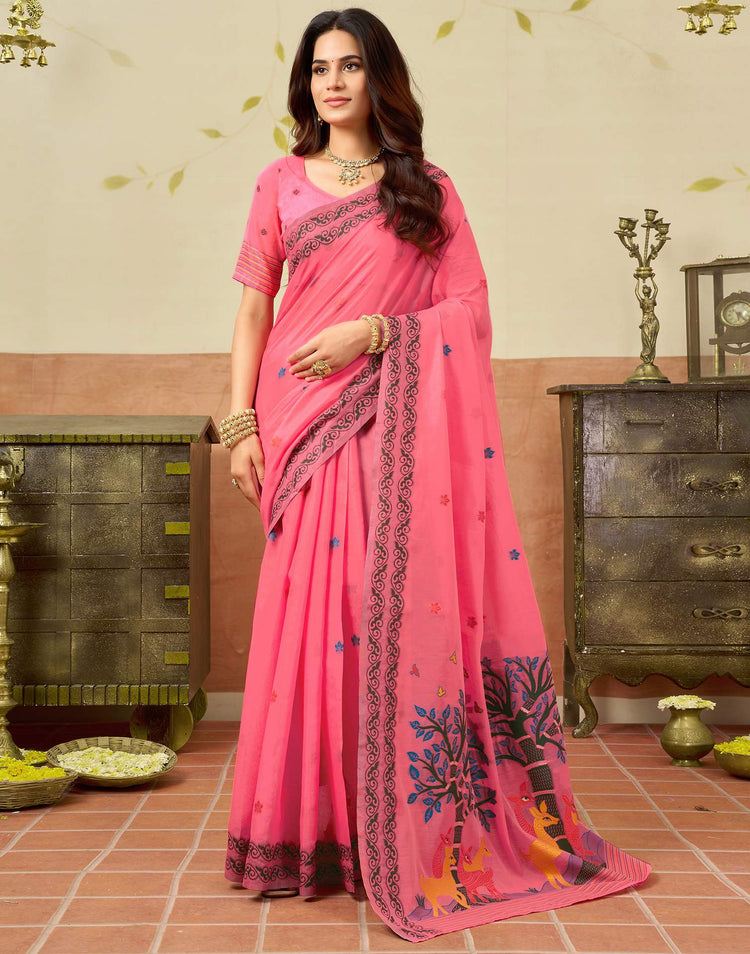 Coral Pink Chanderi Woven Saree