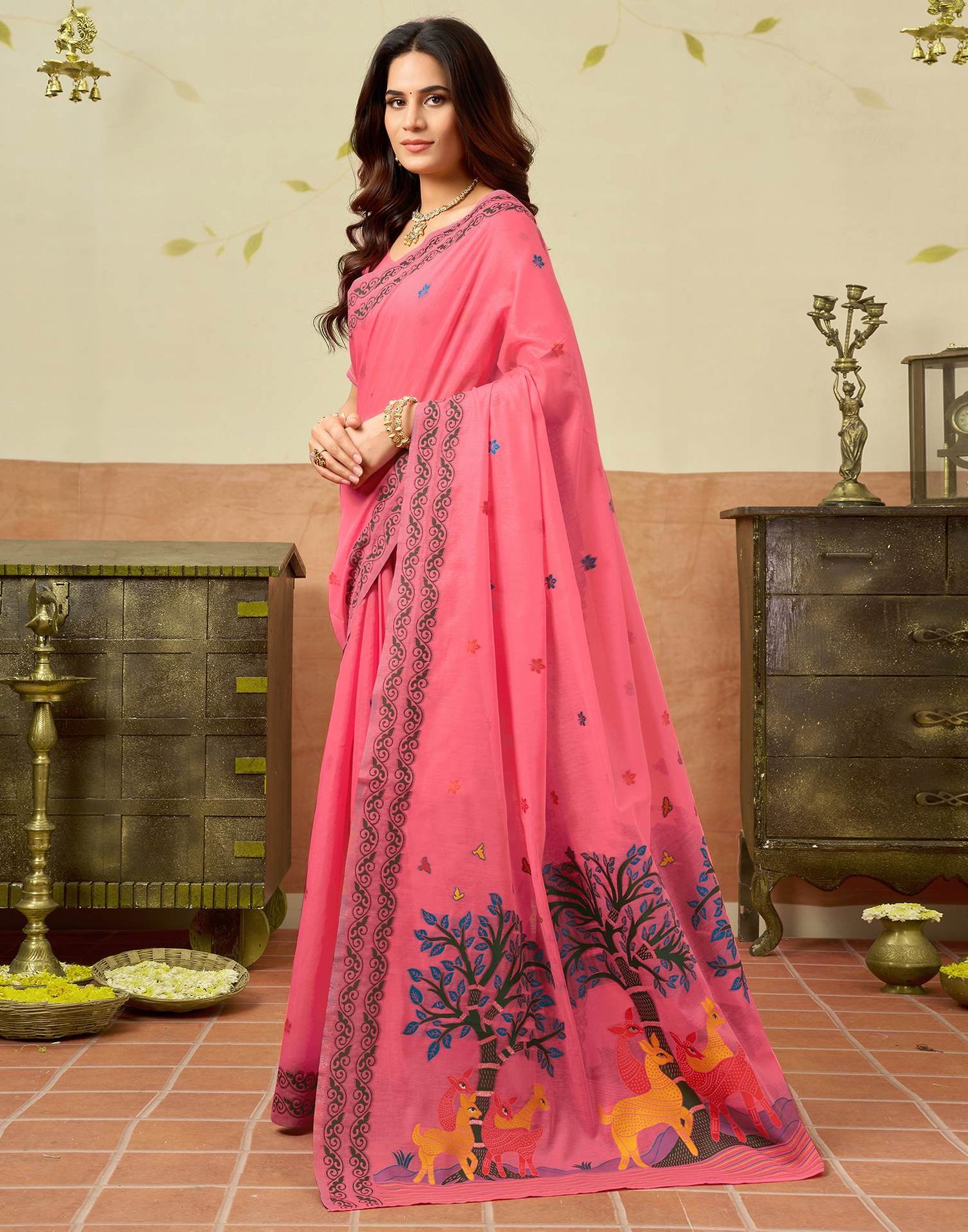 Coral Pink Chanderi Woven Saree