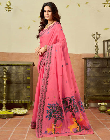 Coral Pink Chanderi Woven Saree