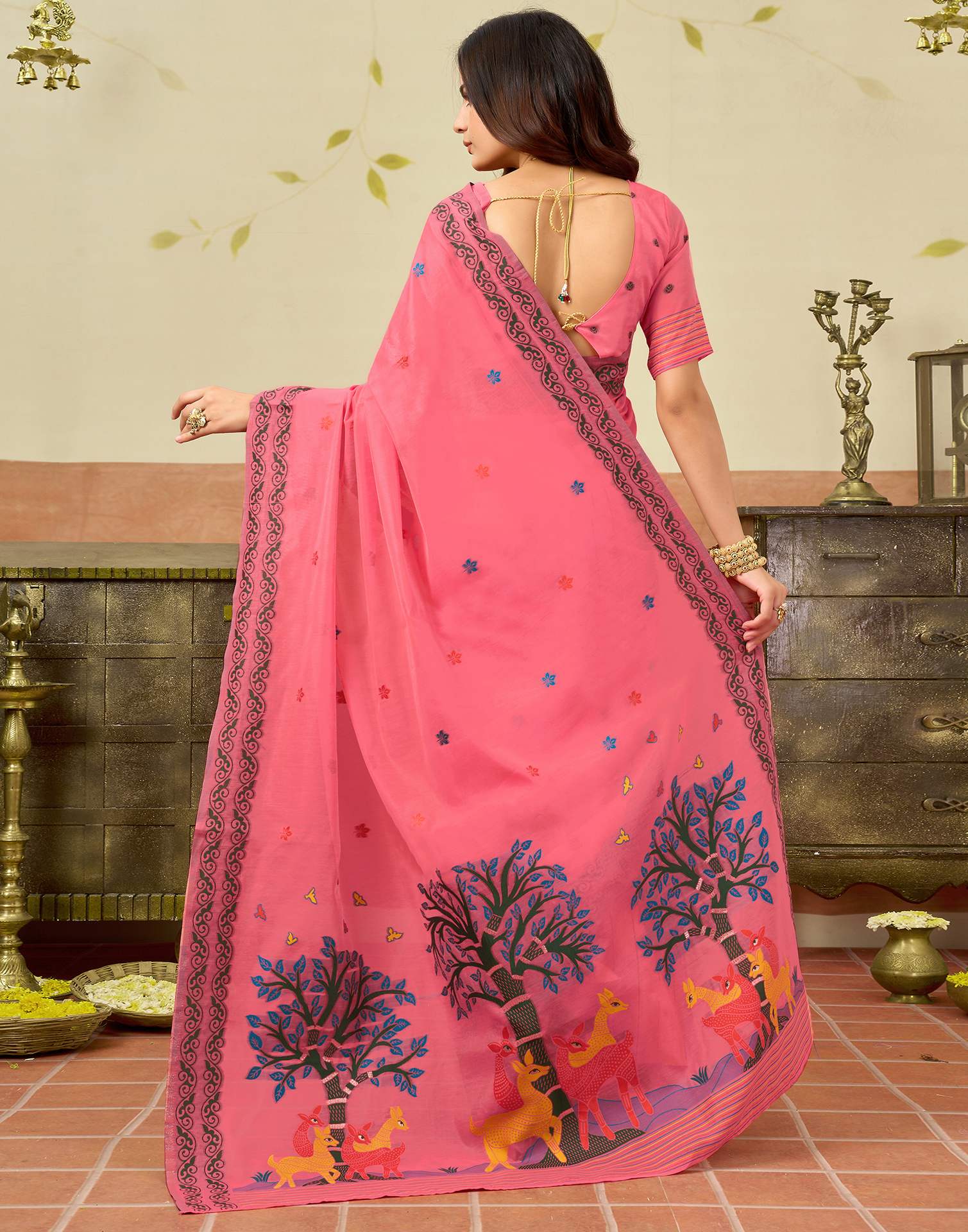 Coral Pink Chanderi Woven Saree