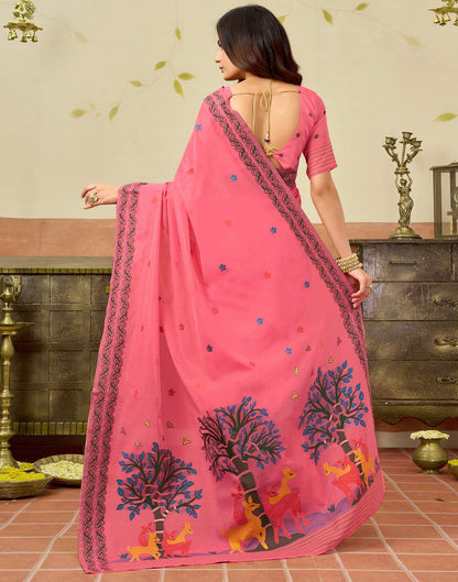 Coral Pink Chanderi Woven Saree