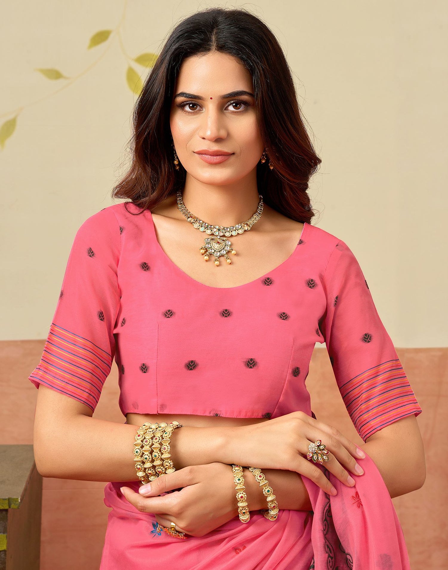 Coral Pink Chanderi Woven Saree