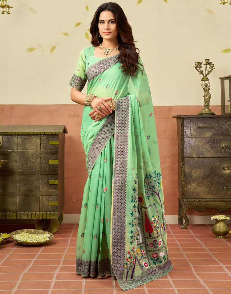 Light Green Chanderi Woven Saree