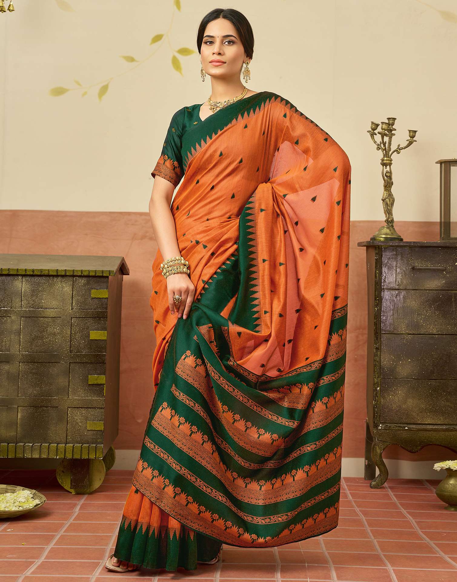Orange Chanderi Woven Saree