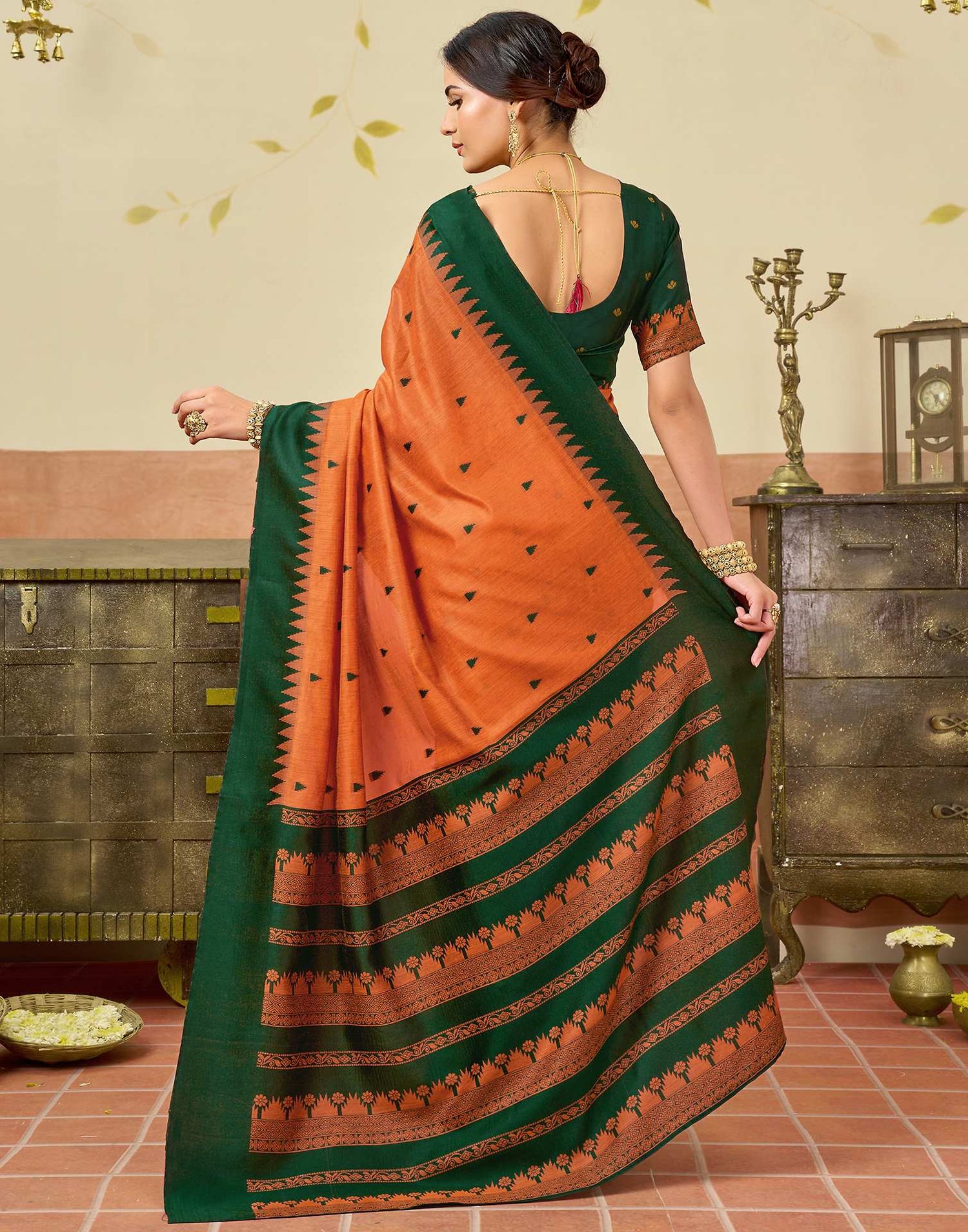 Orange Chanderi Woven Saree
