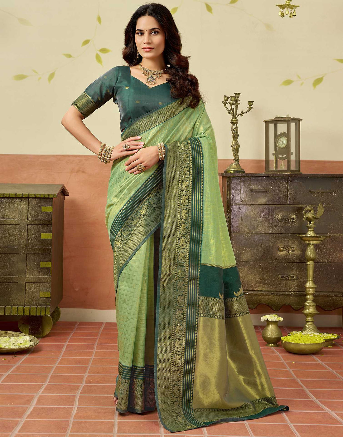 Pista Green Silk Woven Saree