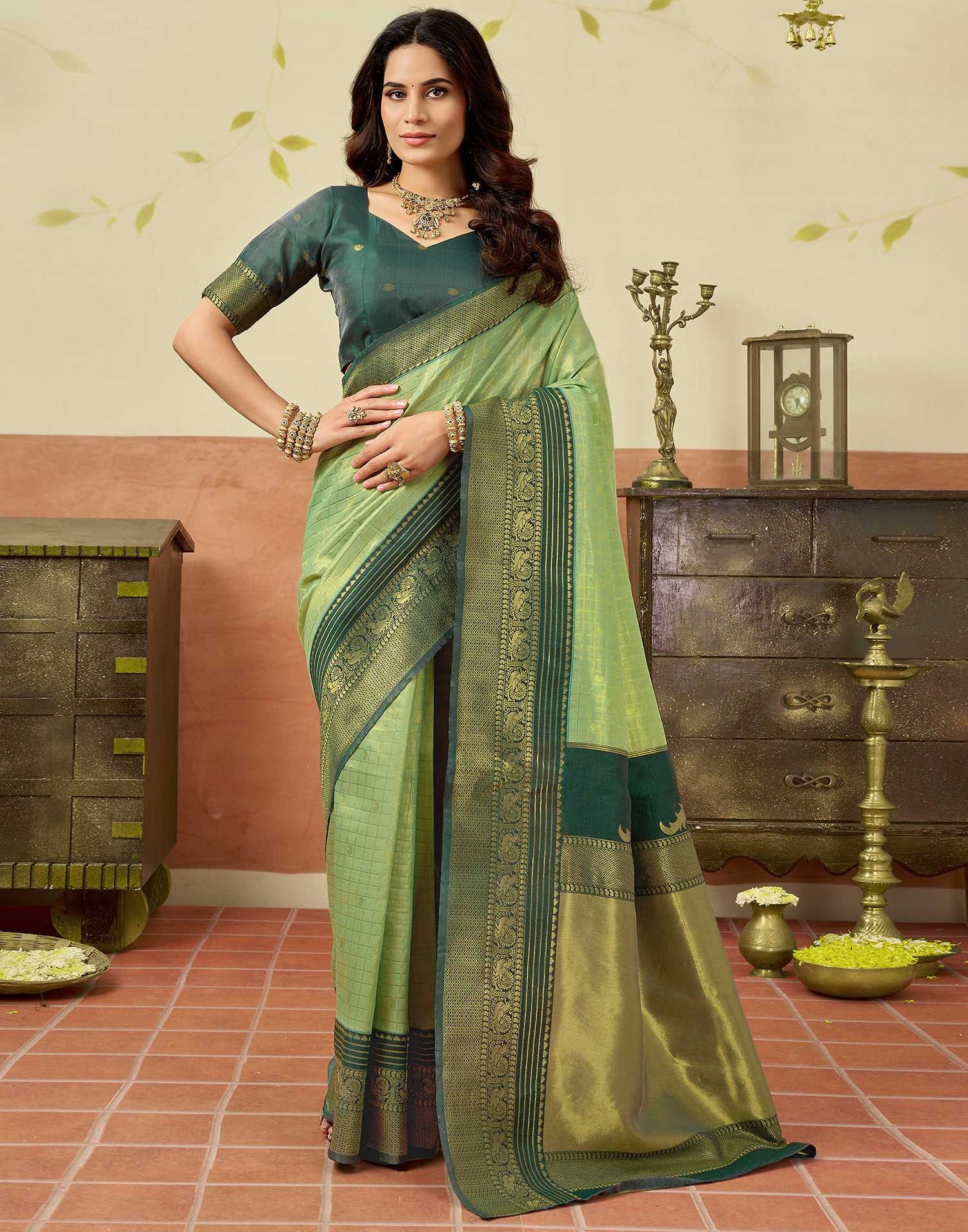 Pista Green Silk Woven Saree