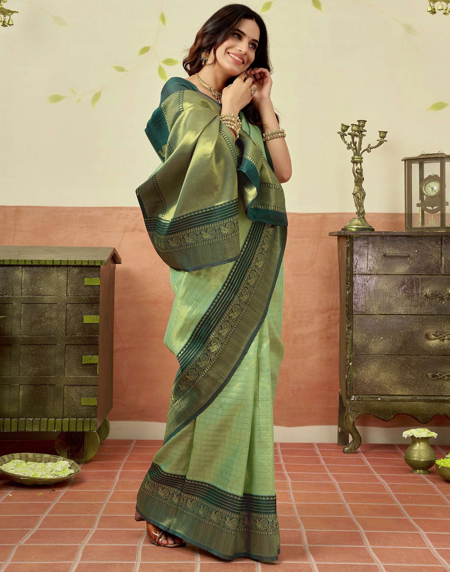 Pista Green Silk Woven Saree