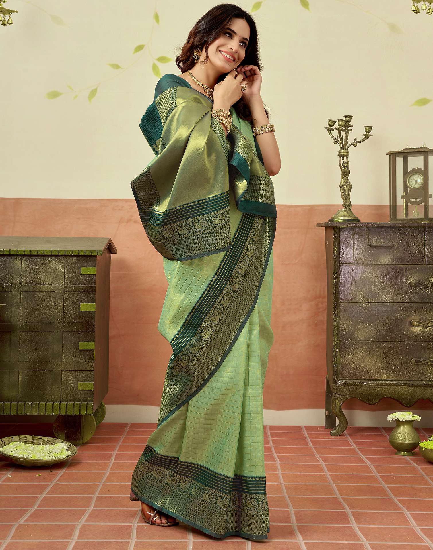 Pista Green Silk Woven Saree