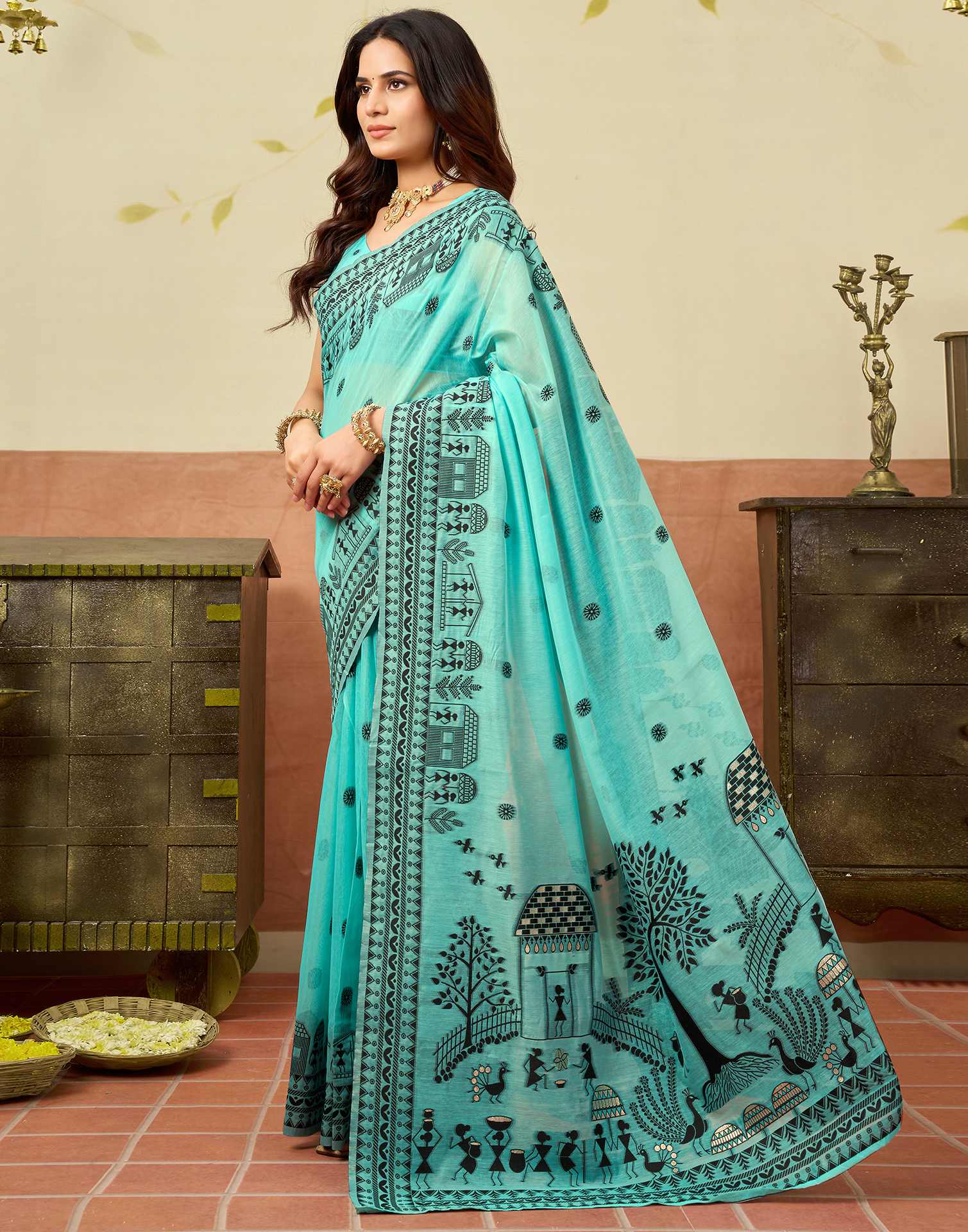 Turquoise Chanderi Woven Saree