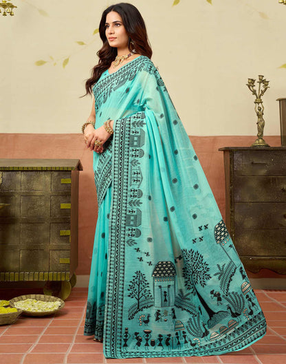 Turquoise Chanderi Woven Saree