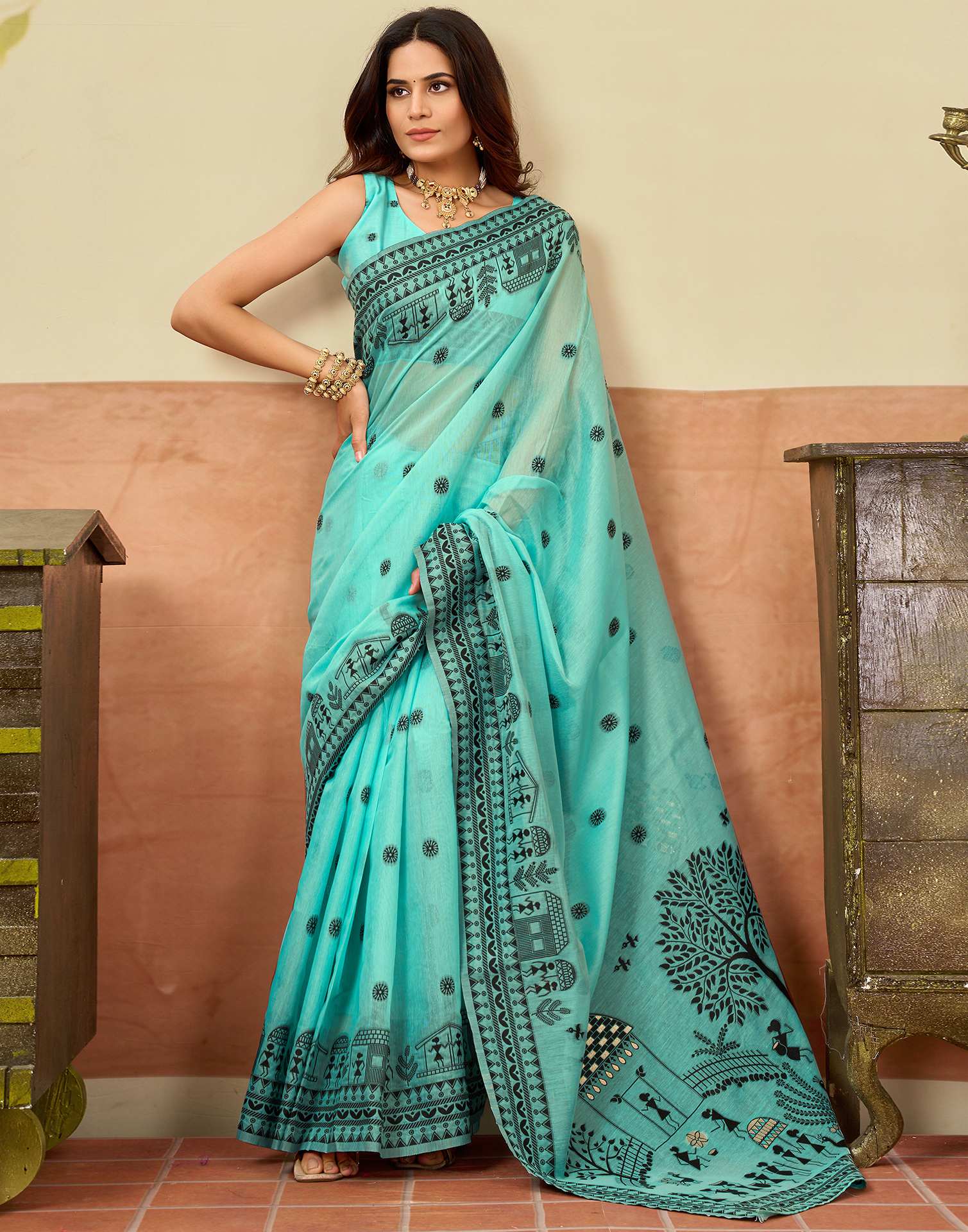 Turquoise Chanderi Woven Saree