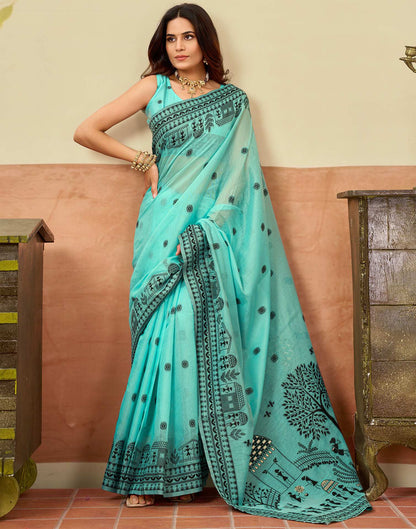 Turquoise Chanderi Woven Saree