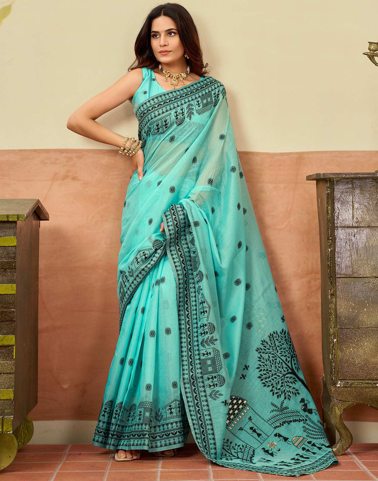 Turquoise Chanderi Woven Saree