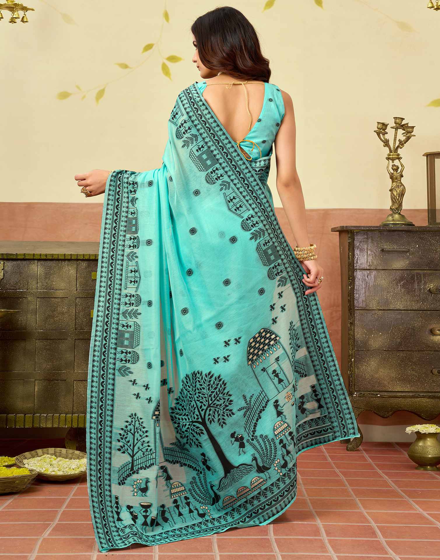 Turquoise Chanderi Woven Saree