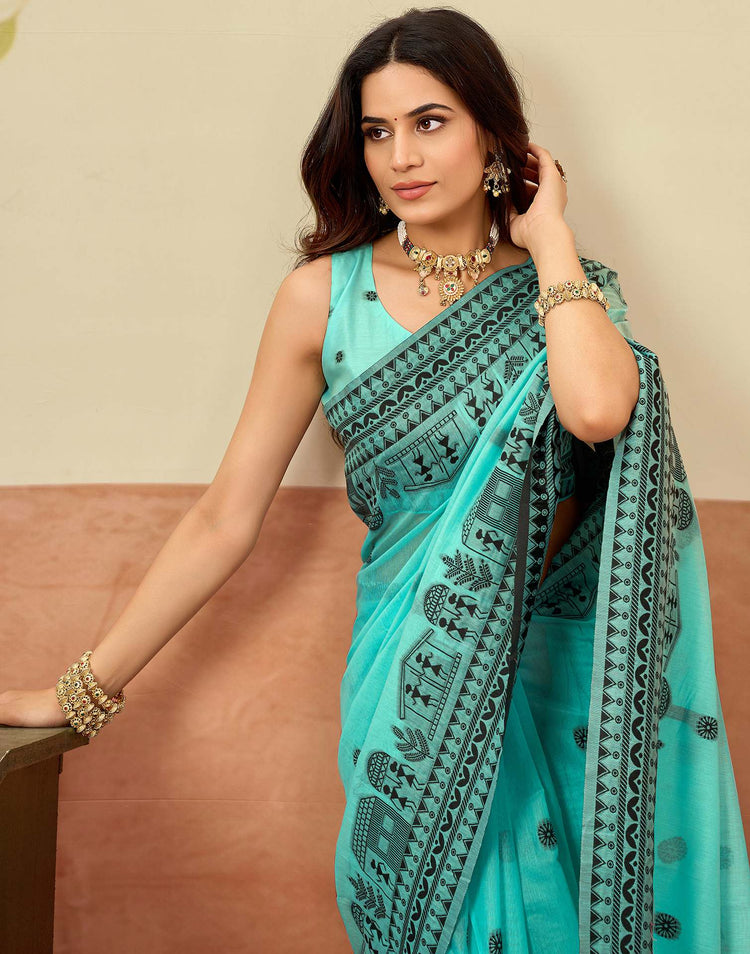 Turquoise Chanderi Woven Saree