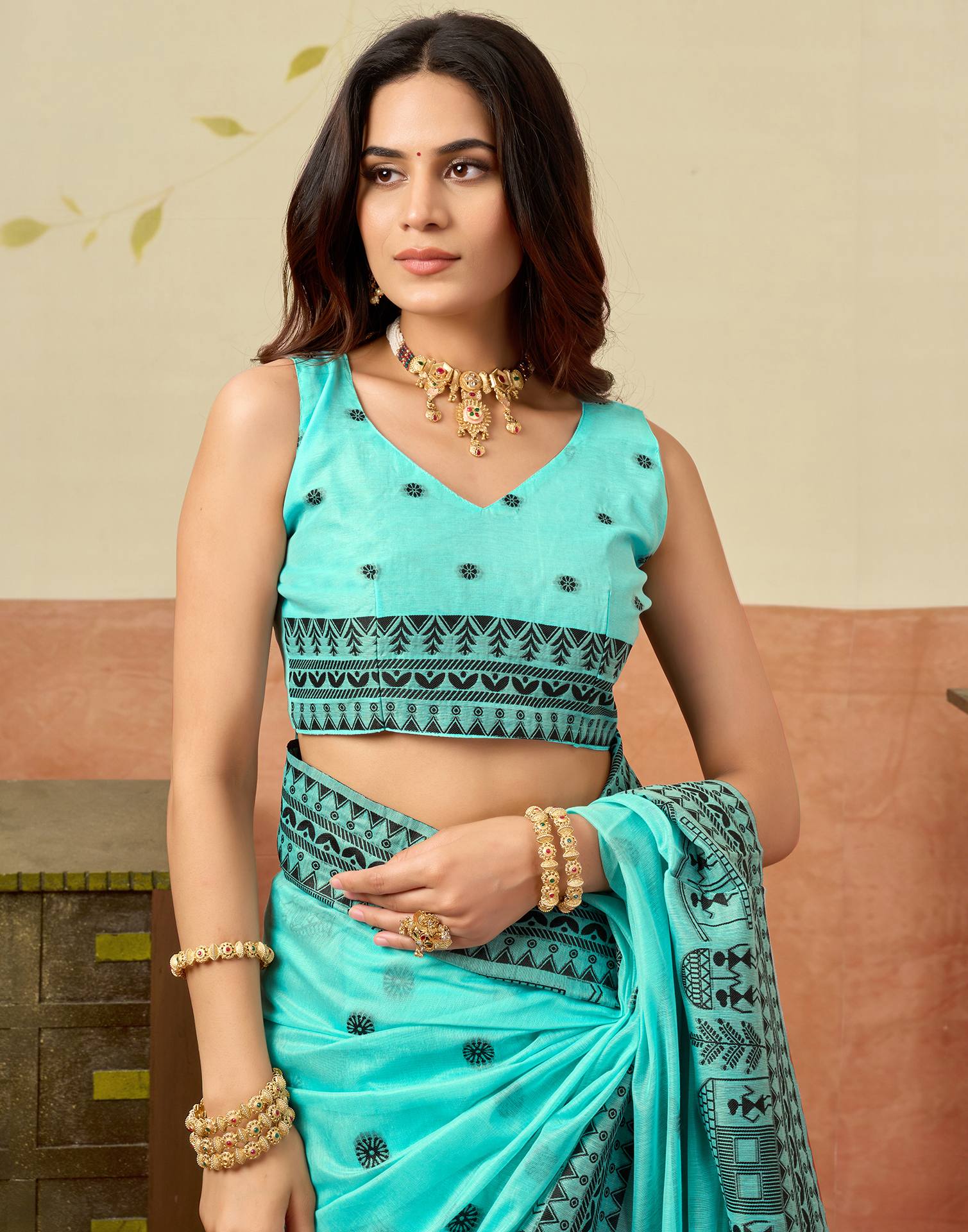 Turquoise Chanderi Woven Saree
