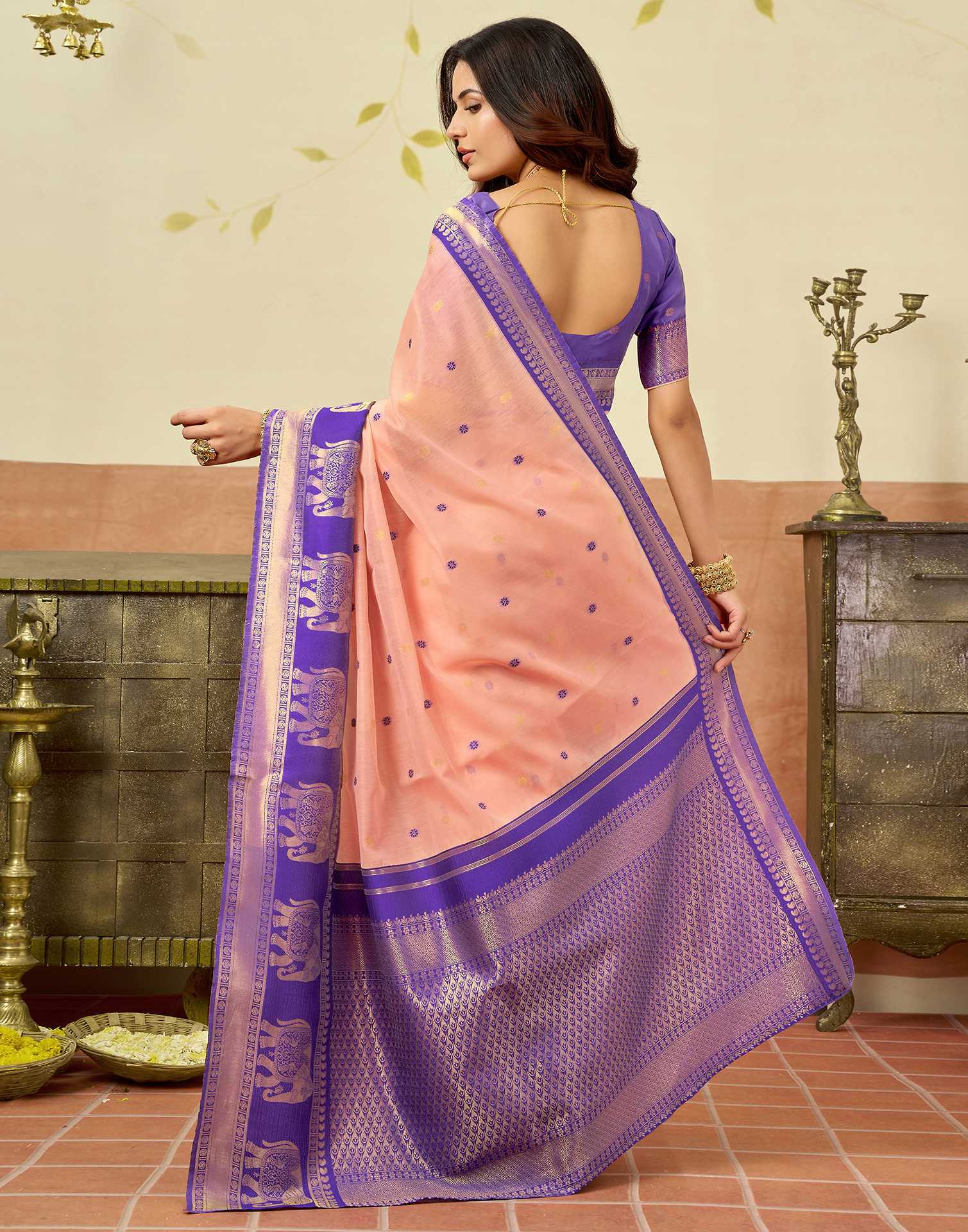 Peach Chanderi Woven Saree