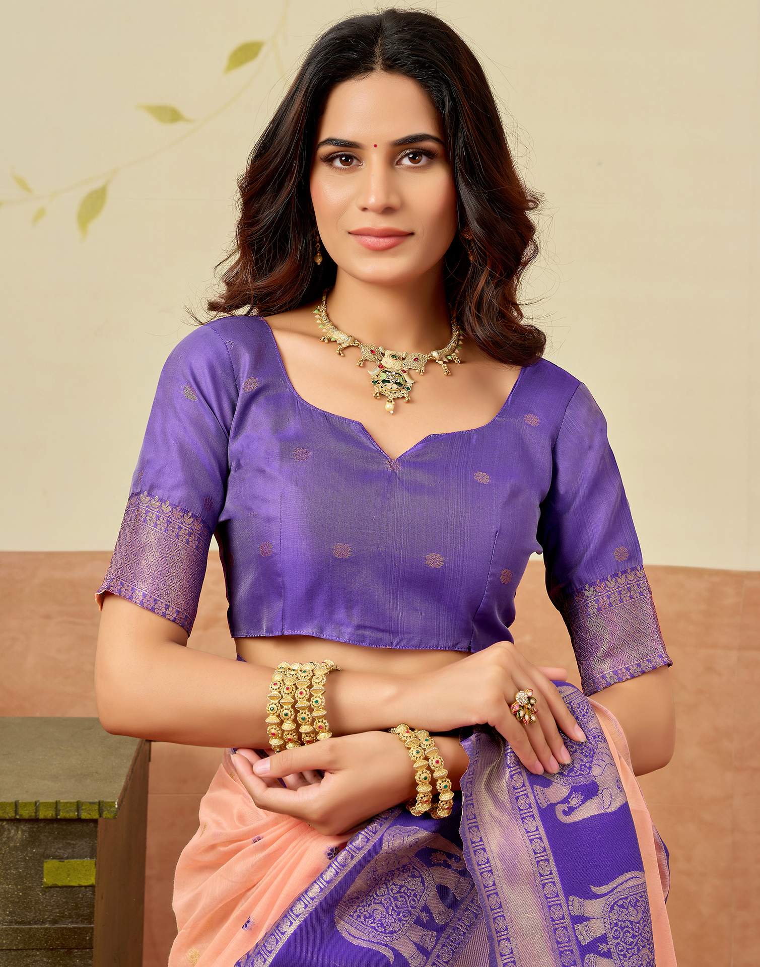 Peach Chanderi Woven Saree