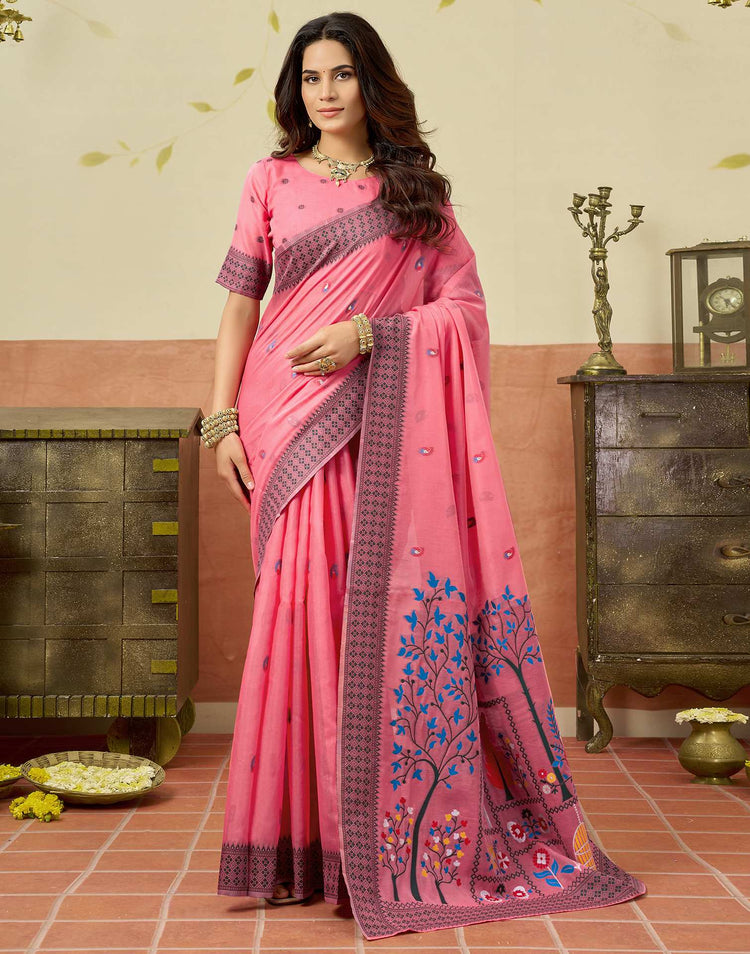 Coral Pink Chanderi Woven Saree