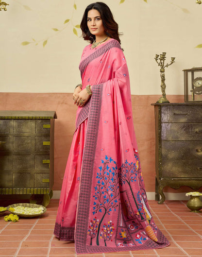 Coral Pink Chanderi Woven Saree
