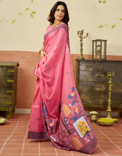 Coral Pink Chanderi Woven Saree